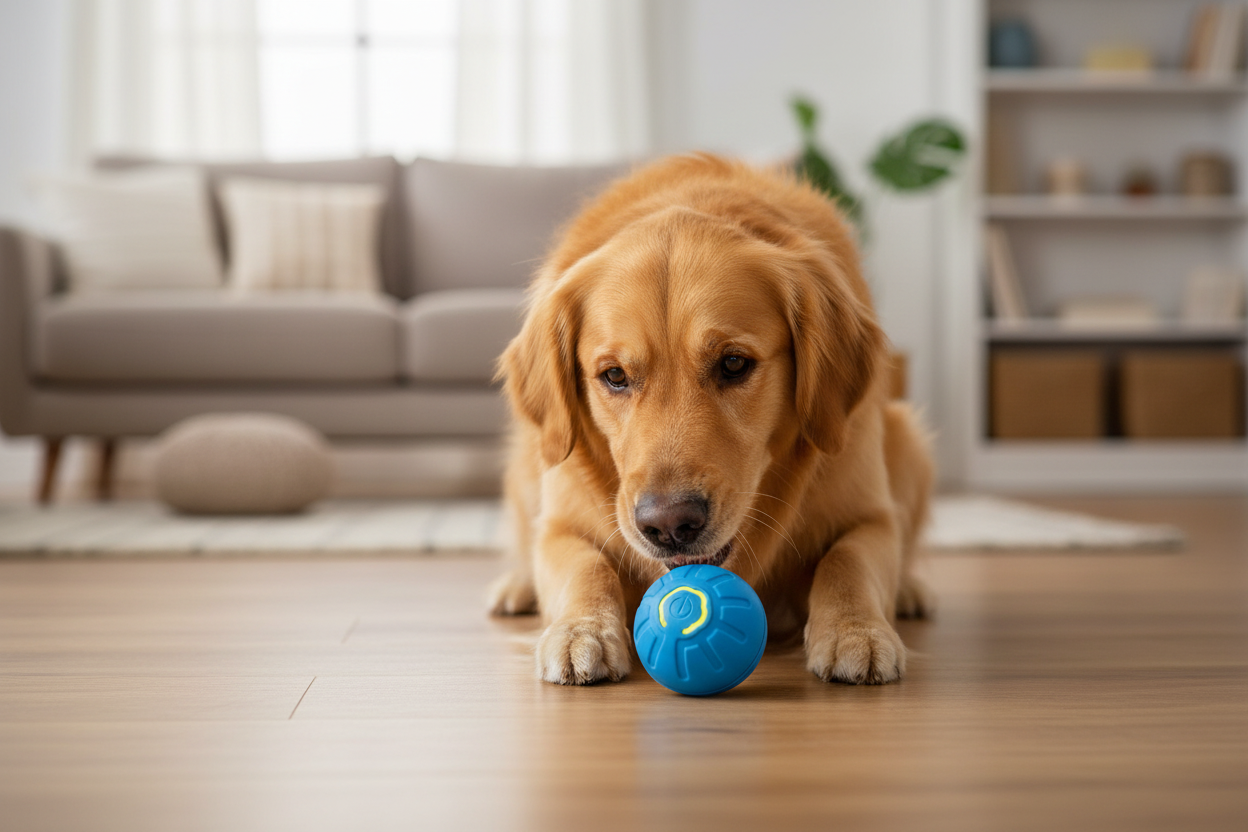 Golden Retriever with Blue Smart Pet Toy Ball