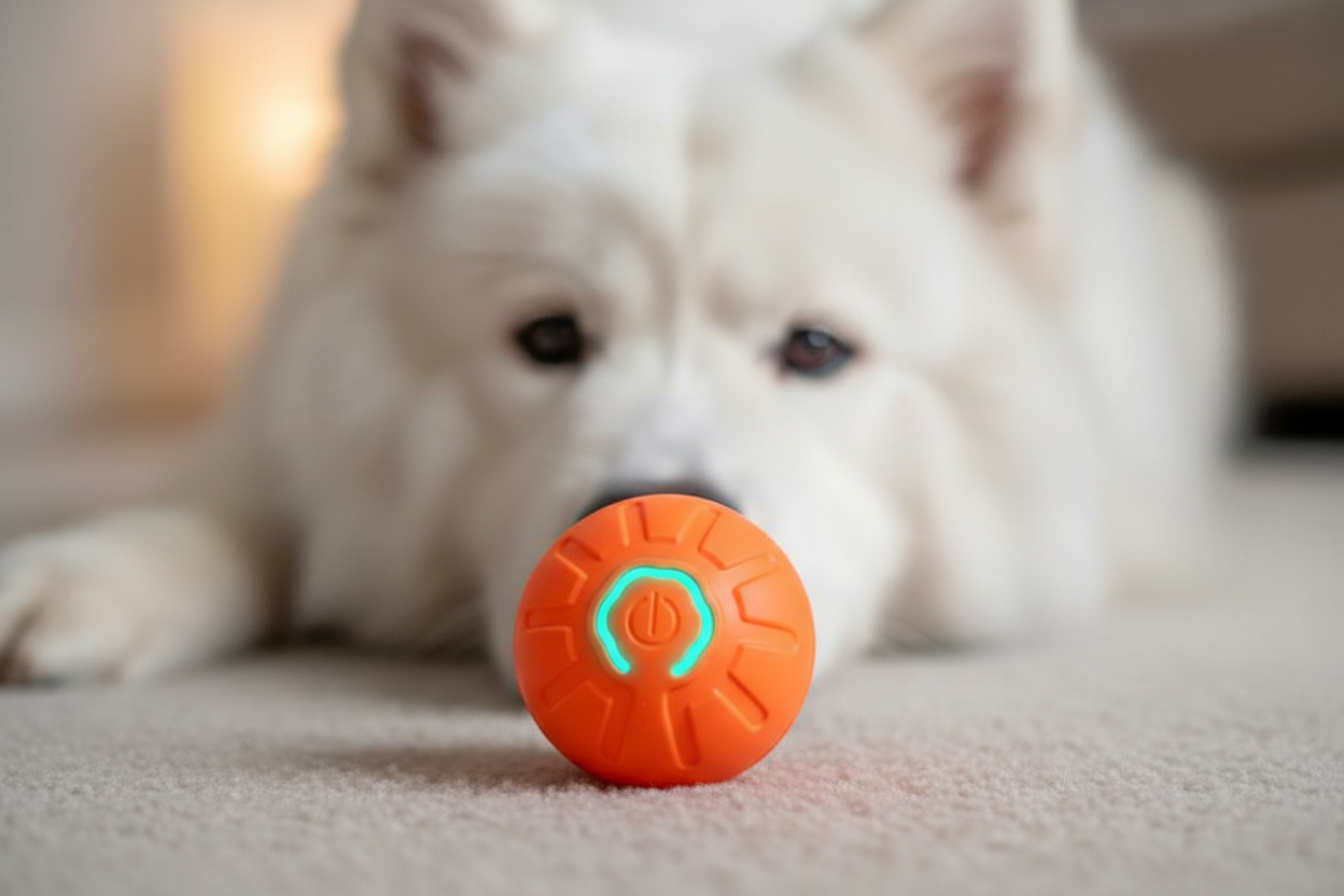Samoyed with Orange Pet Toy Ball